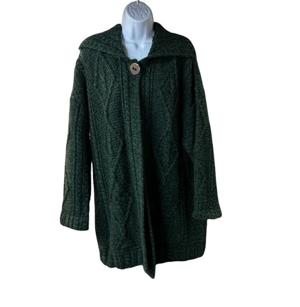 Carraig Donn Cardigan Sweater 100% Pure New Wool Green Ireland One Button XL
